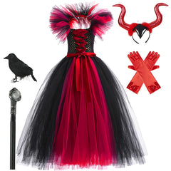 Witch Dress Halloween Evil Role Playing Costume Knitted Tulle Tutu Ruffles