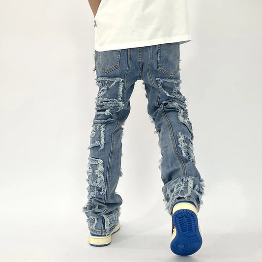 Retro Hole Ripped Distressed Jeans for Men Straight Washed Harajuku Hip Hop