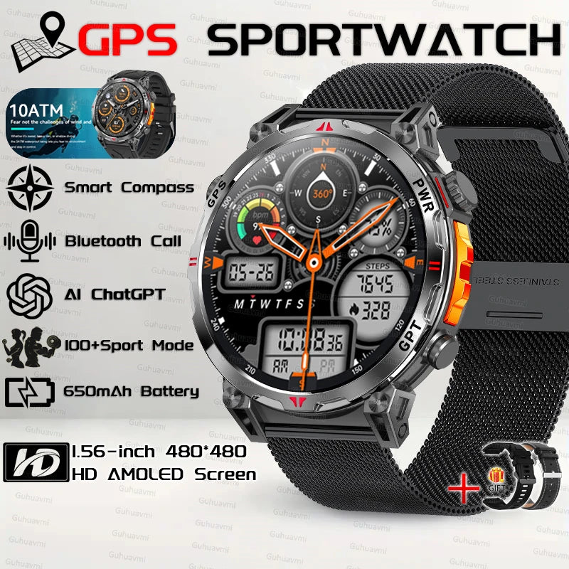 2025New Military GPS Sport Smartwatch Men 650mAh AMOLED Screen Compass Altimeter 10ATM Waterproof Heart Rate Wireless Call Clock