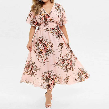 Summer New Sexy V-Neck Women's Beach Dress Plus Size Loose Fashion Floral Printed Butterfly Sleeve Midi Dress Lady Wedding Dress