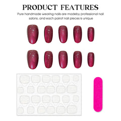 Glossy Red Handmade False Nails Nude Color Cat's Eye Press On Nails Full Cover Wearable Manicure Short Round Fake Nail Tips