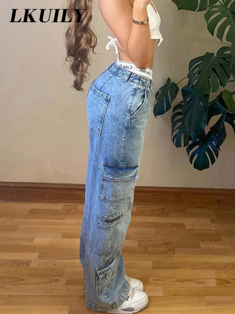 Aesthetic Vintage Cargo Women's Pants Y2k High Waist Straight Baggy Jeans Casual Chic Fake Zippers Pocket Female Trousers 2022