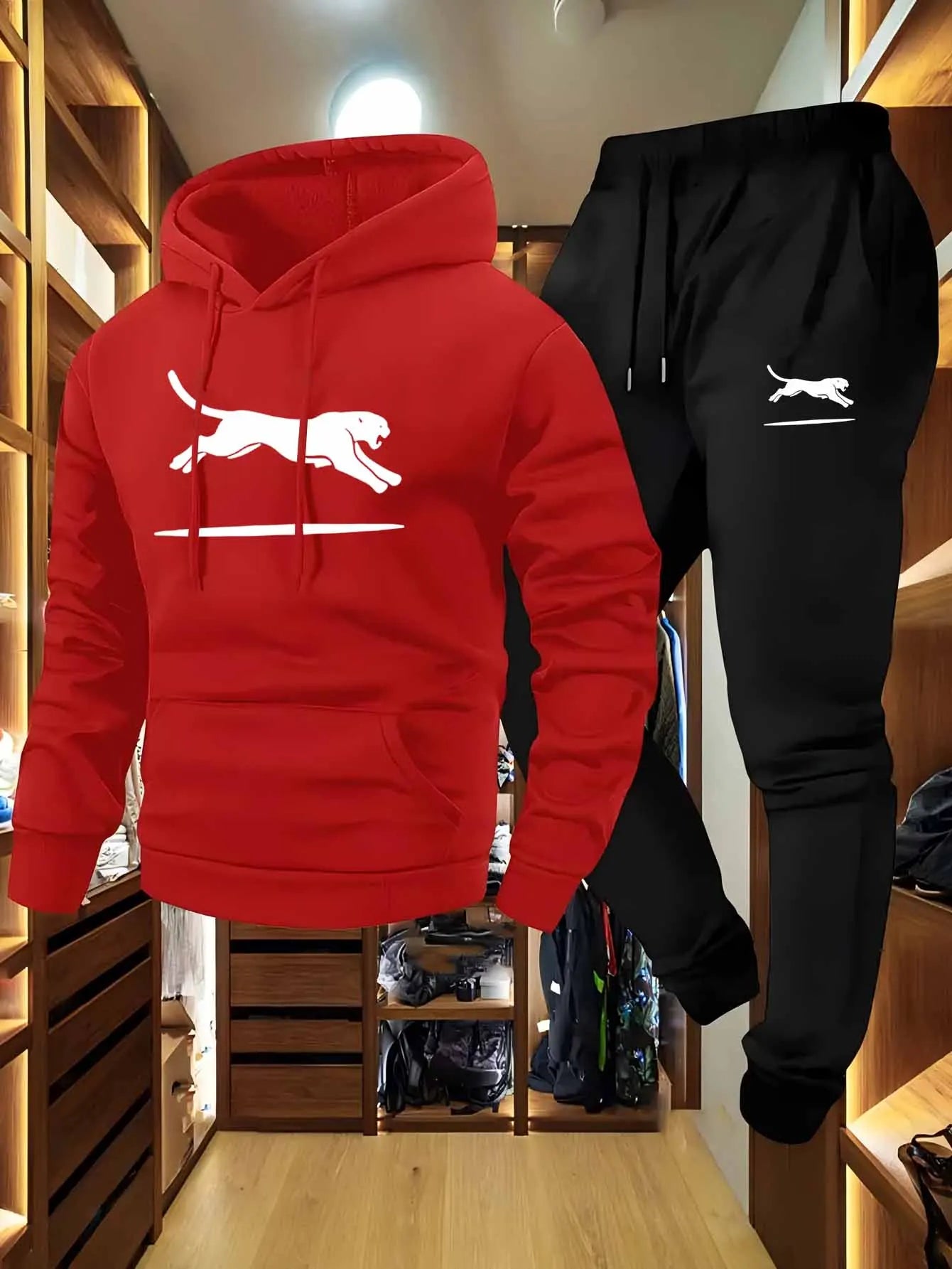 Casual Cargo Sweatshirt & Jogger Set Black White Leopard Print Soft Comfort Fabric Loose Fit Hooded Pullover Multiple Pockets