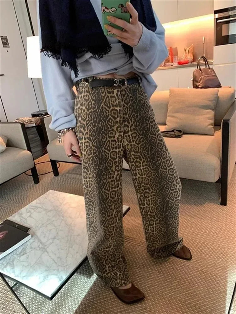 Leopard Print Y2k Jeans Women High Waisted Baggy Casual Wide Leg Denim Pants