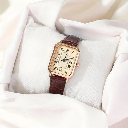 Casual Rectangle Pointer Quartz Watch Rome Fashion Analog Retro PU Leather Wrist Watch For Women Girls