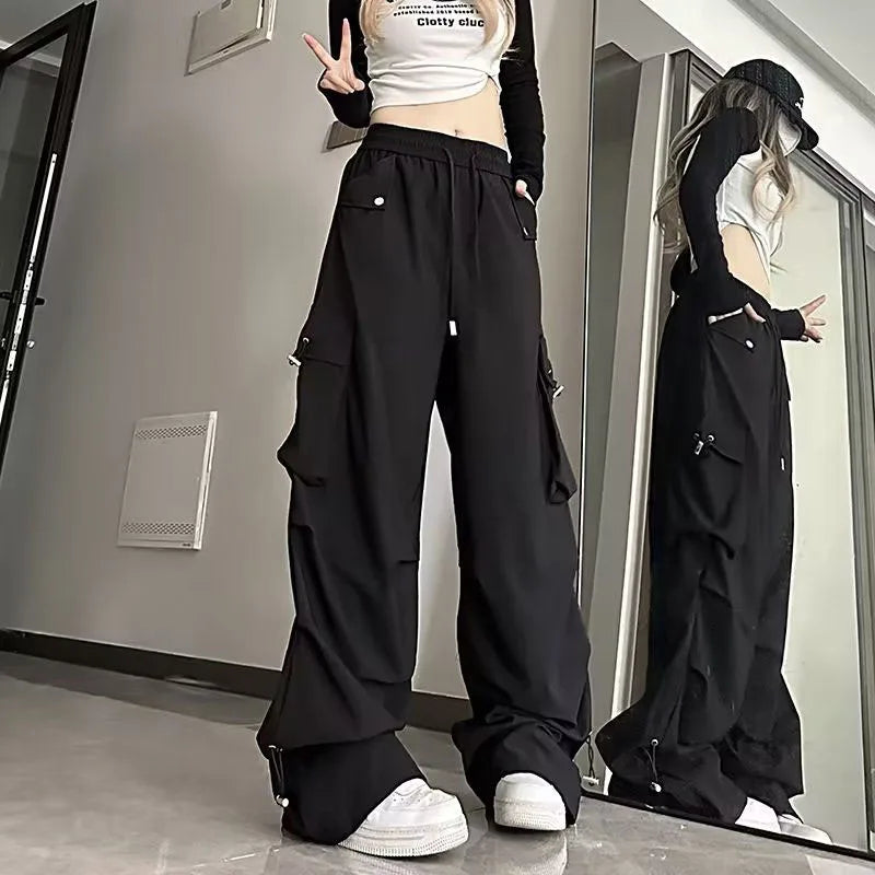 Baggy White Parachute Cargo Pants Y2K High Waist Shirring All-Match Trousers
