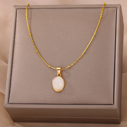 Fashion Stone Opal Oval Necklace For Women Stainless Steel Gold Color Oval Stone
