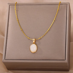 Fashion Stone Opal Oval Necklace For Women Stainless Steel Gold Color Oval Stone