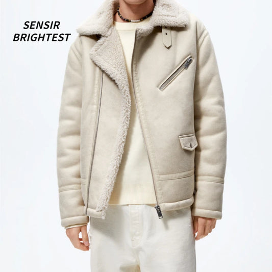 Warm Winter High-quality Lapel Suede Cashmere Piping Double-sided Motorcycle Jacket