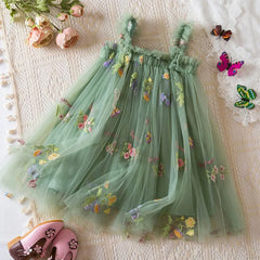 Girls' mesh dress summer baby girl covered in flower embroidery green suspender mesh