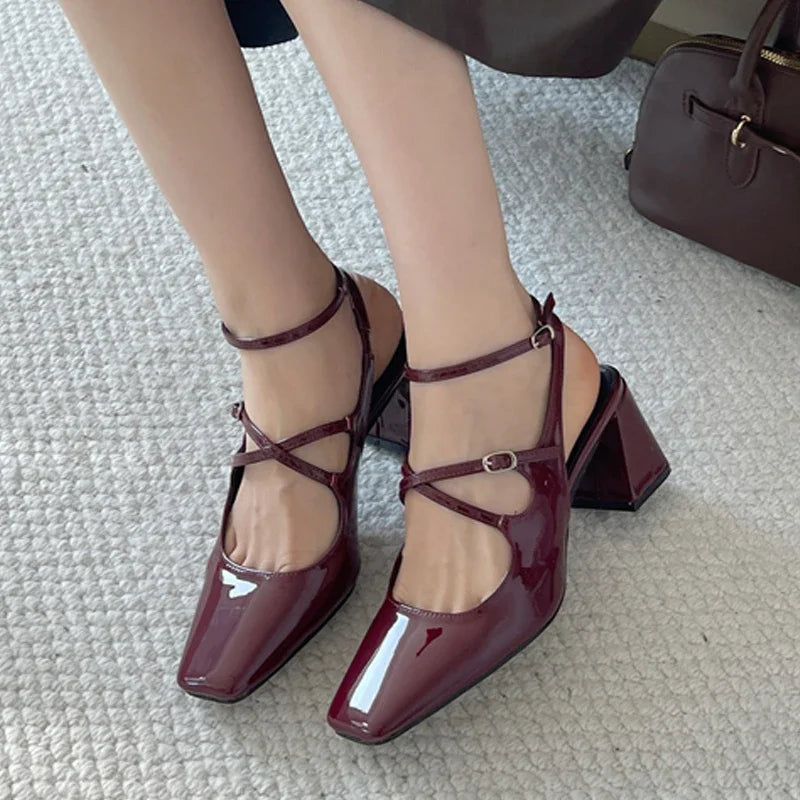 Leopard Print Narrow Band Buckle Strap Women Pumps Elegant Square Toe