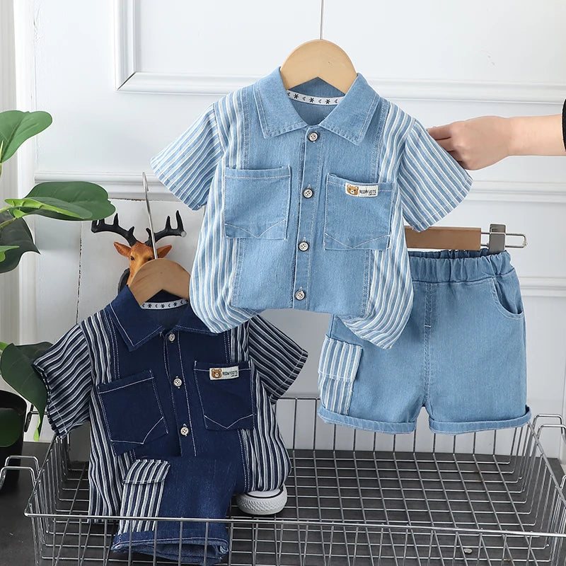 Summer Infant Boys Denim Clothing Set Fashion Striped Shirt And Shorts 2-Piece Tracksuit Casual Outfit for Children