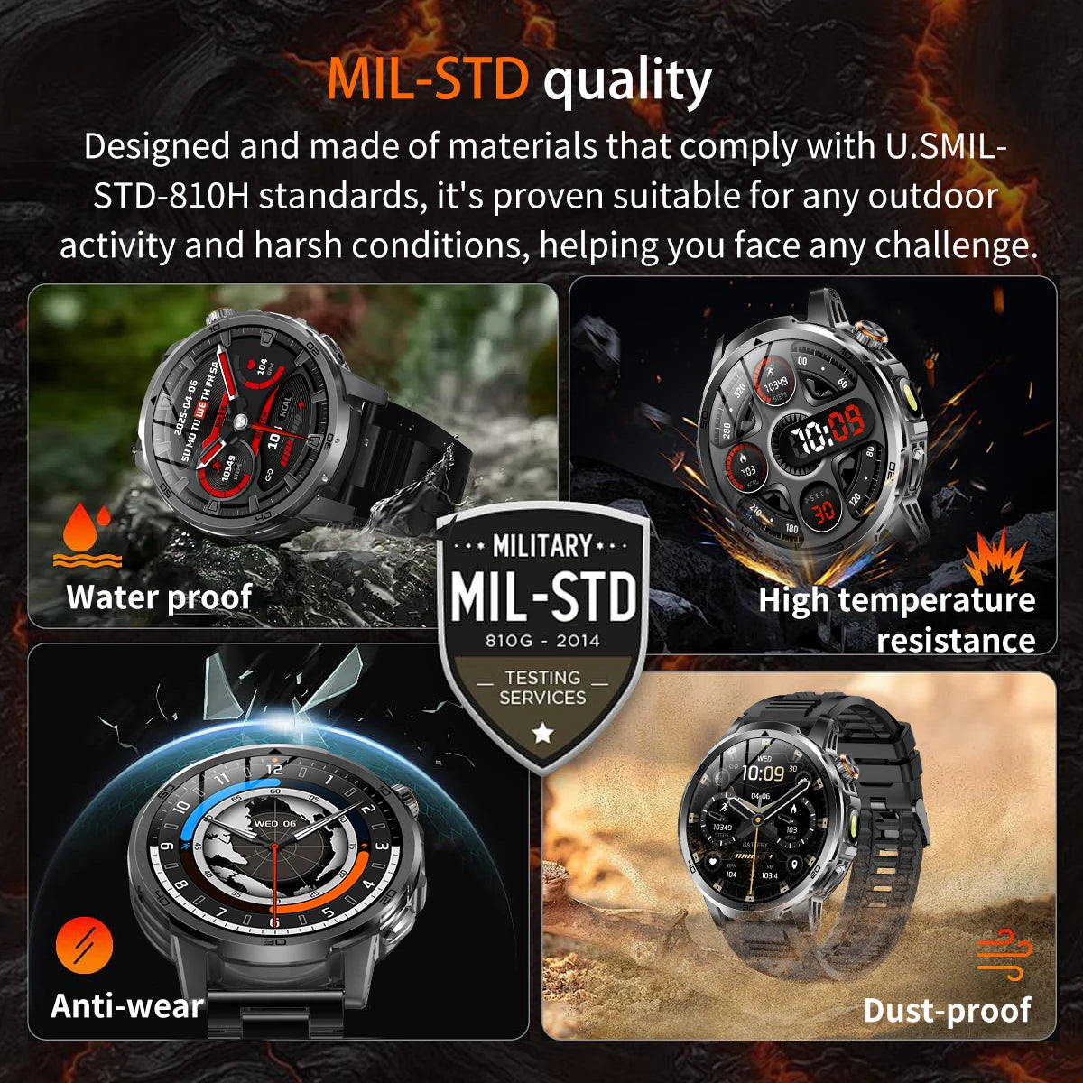 1000mAh Super Large Battery Military Smart Watch BT Call LED Flashlight SOS Alarm 5ATM Waterproof Outdoor Tactical Watches Men