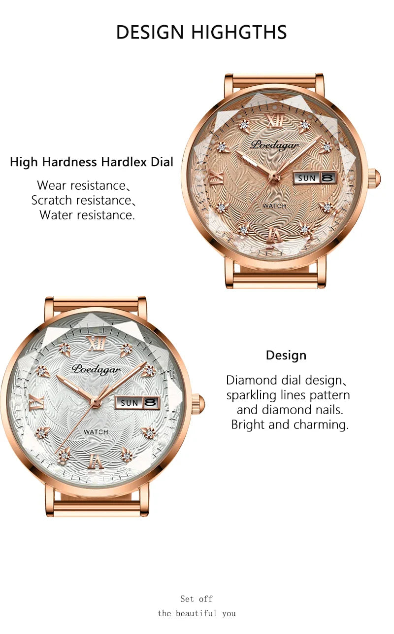 POEDAGAR Elegant Luxury Women Watch Waterproof Luminous Date Week Ladies Watches Fashion Stainless Steel Quartz Woman Wristwatch