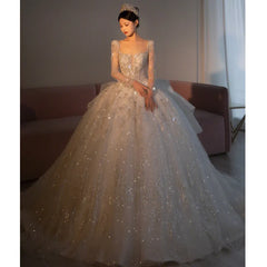 2023 Long Sleeve Beading Wedding Dress Sexy See Through Square Collar Luxury Sweep Train Winter Bridal Gowns Vestido De Noiva