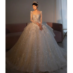 Wedding Dress See Through Square Collar Luxury Sweep Train Winter Bridal Gowns