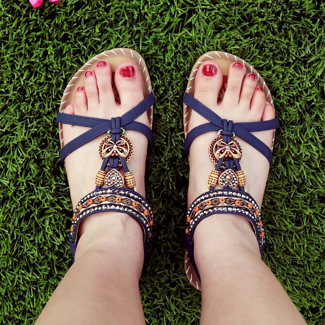 Women Summer Sandals Wedges Shoes Ladies Rome Sandals Butterfly-knot Rhinestone Slides Sandalias Bohemia Elastic Band Sandals