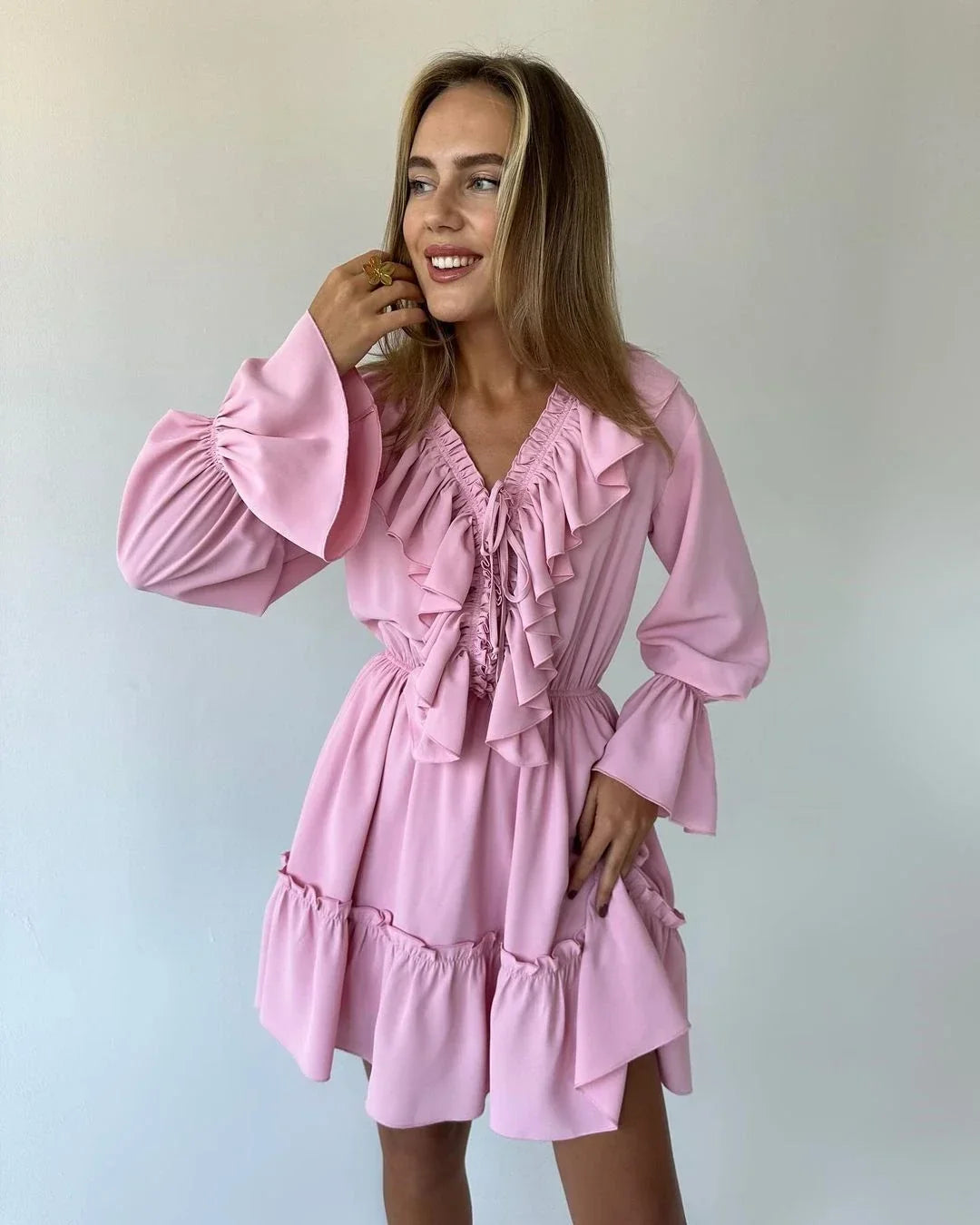 Talenza White Ruffle Bandage Mini Dress Women's Elegant Patchwork Long Sleeve Dress New Slim V Neck Lace Up Summer Mini Dress