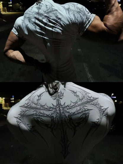 GYM T-shirt Men's Dark Gothic Print Muscle Tee  High Elasticity And Quick Drying Exercise For Bodybuilding Training 2025 Summer