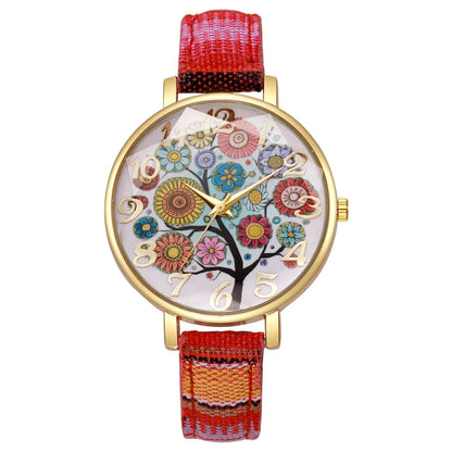 1/2/3/5PCS Fashion Women Watches Vintage Flowers Printed PU Strap Quartz Watch for Women Clock Gift Reloj Mujer（Without Box）