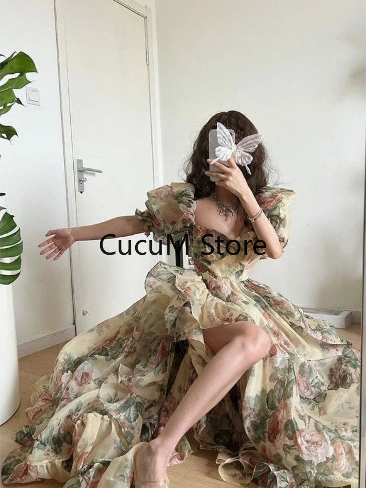 Evening wear Dresses: Short Puff Sleeve Khaki  Print Organza Women Dress