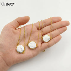 Amazing Elegant White Freshwater Pearl Coin Necklace In 18K Real Gold Plated