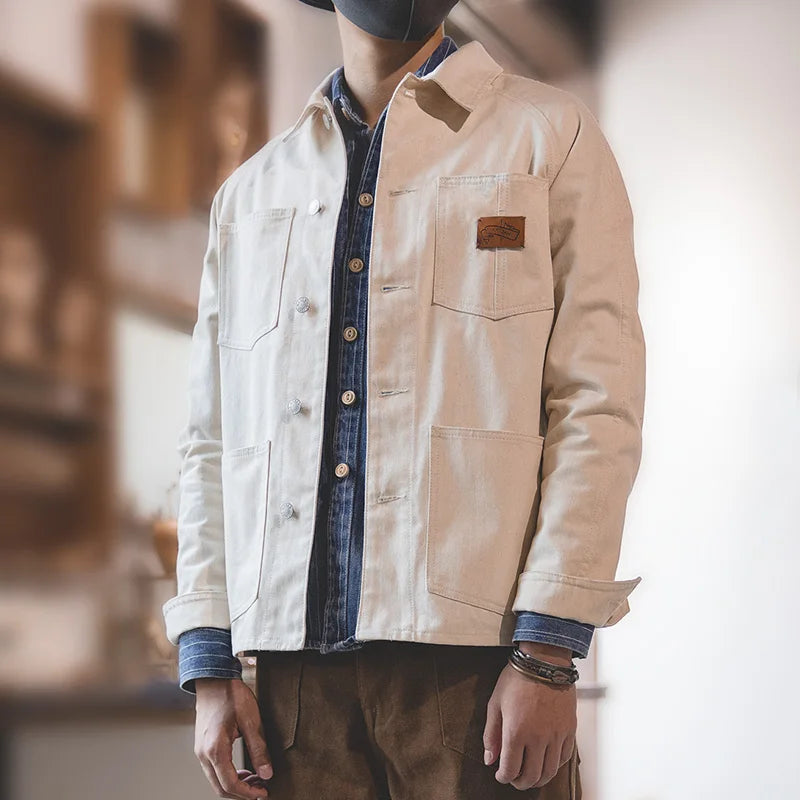 Workwear French Vintage Square Neck White Denim Jacket Large Pocket Raglan Men's