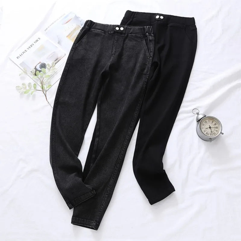 Autumn Clothes Women Jeans Plus Size Slim Two Buttons High Waist Pencil Pants