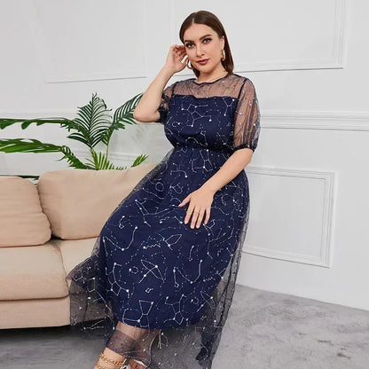 Plus size French Hepburn style oversized dress evening dress women's mesh embroidered banquet party long dress