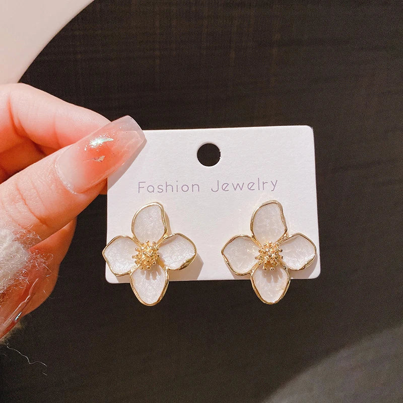 Hibiscus Dropped Glaze Flower Stud Earrings for Women Girl French Ins Vintage 2024 Fashion Korean Wedding Romantic Jewelry Gifts