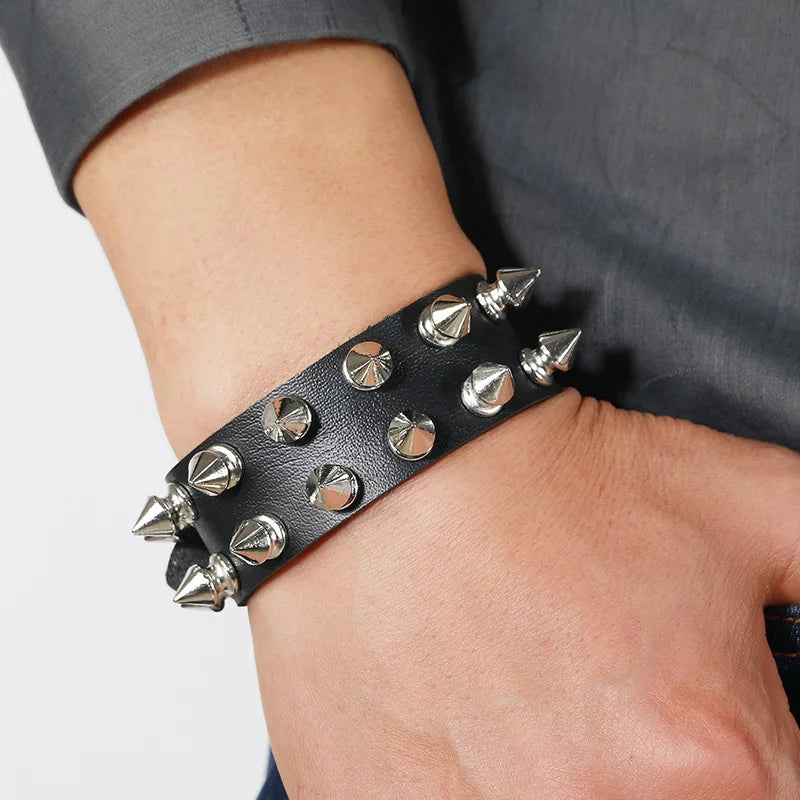 Punk Bracelet for Men Women - Goth Black Leather Wristband with Metal Spike Studded- Spike Rivets Cuff Bangle Adjustable