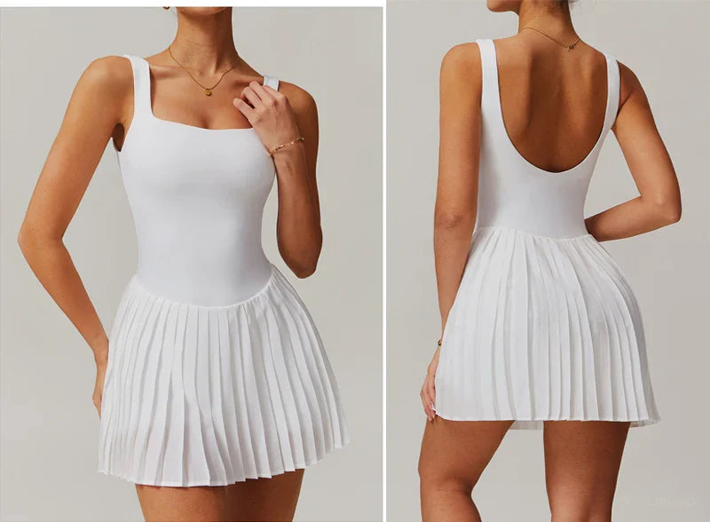 VITALINOVO Workout Tennis Dress with Built in Shorts Square Neck Padded Workout Dress with Pockets Golf Athletic Mini Dresses