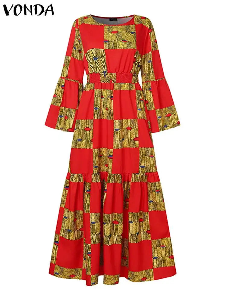 Plus Size 5XL VONDA Fashion Maxi Dress Women Bohemian Long Sleeve Vintage Printed Long Dresses Ruffled Hem Vestido Oversize