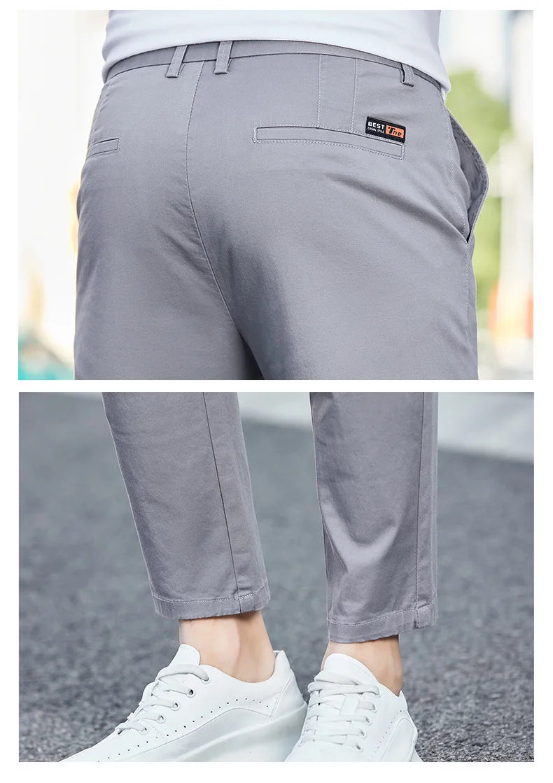 Summer Ankle Length Casual Pants Mens Clothing Stretch Black Green Suit Trousers
