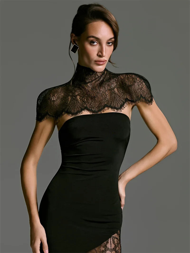 Mozision Lace Backless Sexy Mini Dress Women Gown Elegant See Through Turtleneck Sleeveless Bodycon Club Party Dresses Female