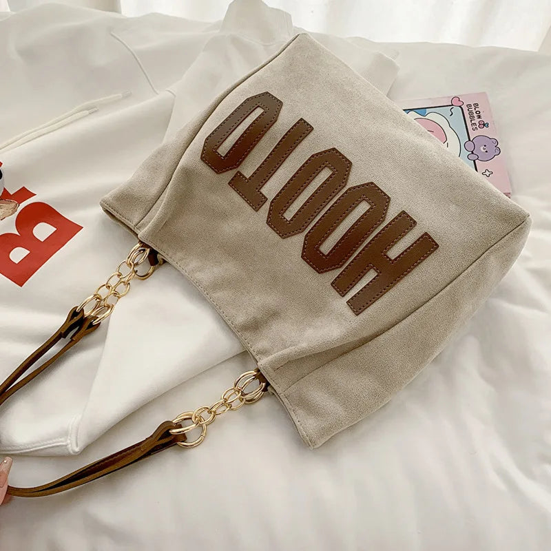 Solid Color Shoulder Bag, Trendy Letters Tote Bag, Canvas Campus Handbag for Women