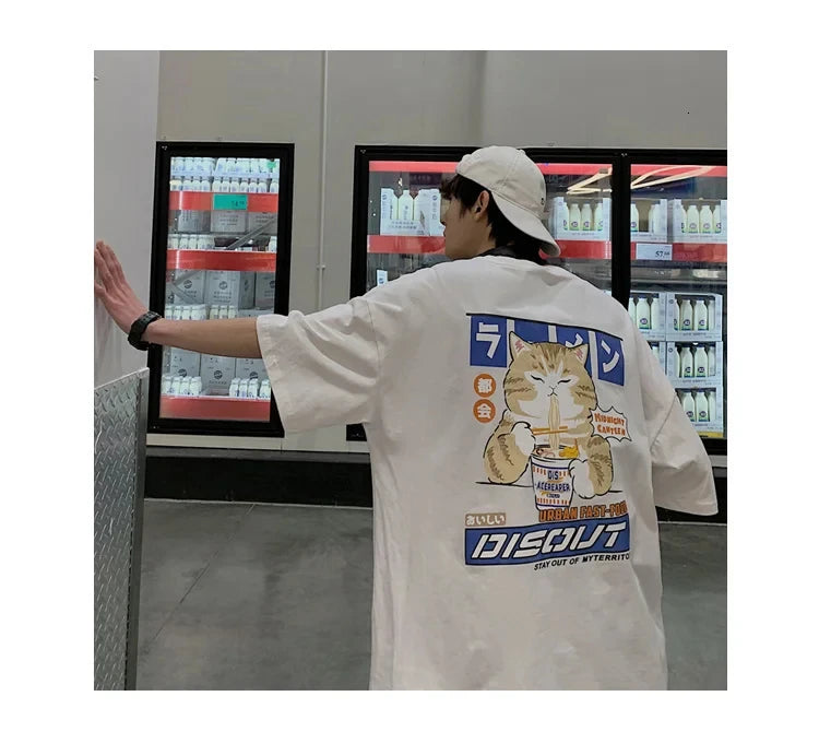 Harajuku Cat Cartoon Eating Noodles Graphic Men Women Tshirts Casual Short Sleeve Tees Japan Style Oversized T Shirt Clothing