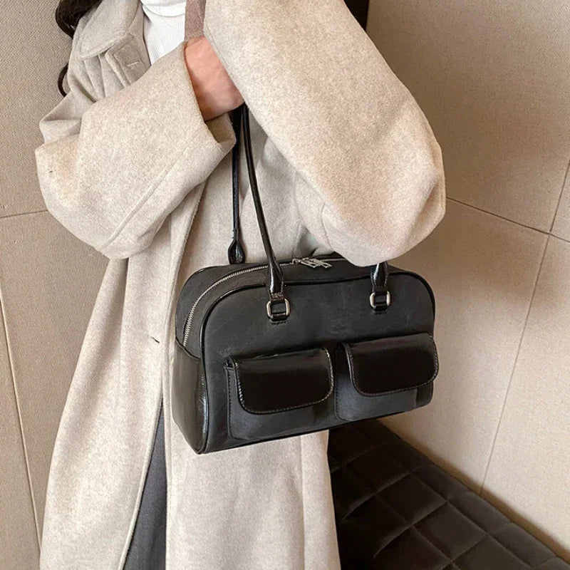 Womens Shoulder Bag Soft Suede with PU Leather Bowling Handbag Casual