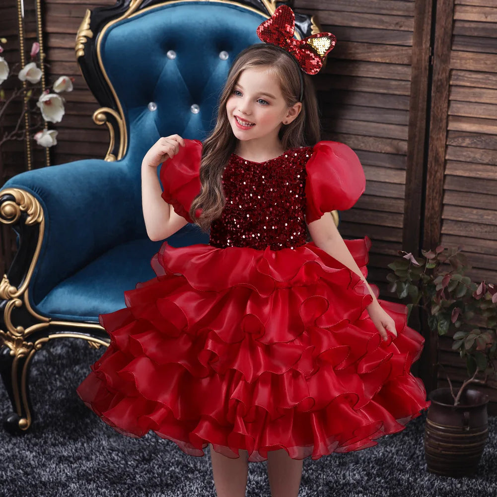 Little Girls Sequined Party Ball Dress With Big Bow Headband, Kids Special Party Prom Dress, Dance Performance Dress Princess Dr