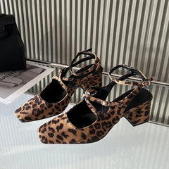 Leopard Print Narrow Band Buckle Strap Women Pumps Elegant Square Toe