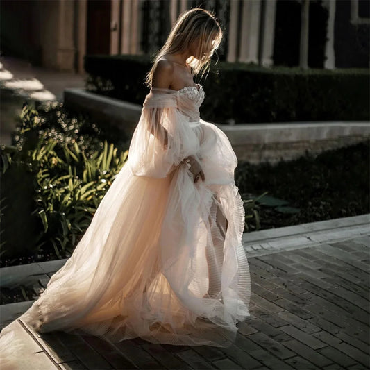 White Bridesmaid Dresses: Wedding Dresses For Woman Long Puff Sleeves Tulle Beach