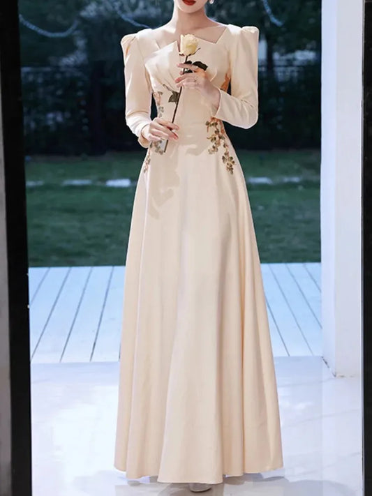 Square Collar Elegant Slim Waist Appliques Wedding Party Dresses