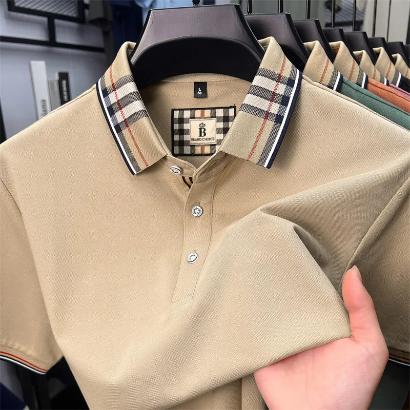 High end silky cotton breathable short sleeve polo shirt men's summer new trend plaid lapel designer brand casual golf T-shirt