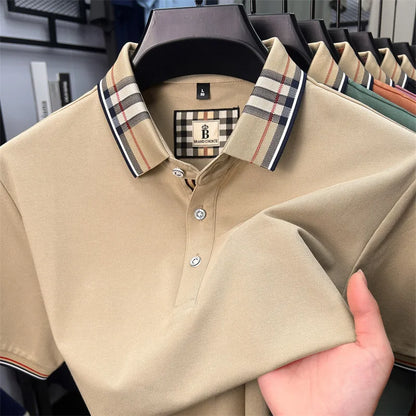 High end silky cotton breathable short sleeve polo shirt men's summer new trend plaid lapel designer brand casual golf T-shirt