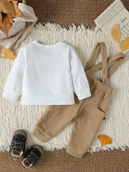 Baby Boys 2Pcs Autumn Long Sleeve Cartoon Bear Top+ Solid overalls Baby Jumpsuit For 1-3Y Sets  Casual Clothes