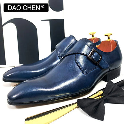 DAOCHEN MEN'S GENUINE LEATHER SHOES BLUE BLACK BUCKLE STRAP LOAFERS SLIP ON FORMAL WEDDING OFFICE casual dress shoes man