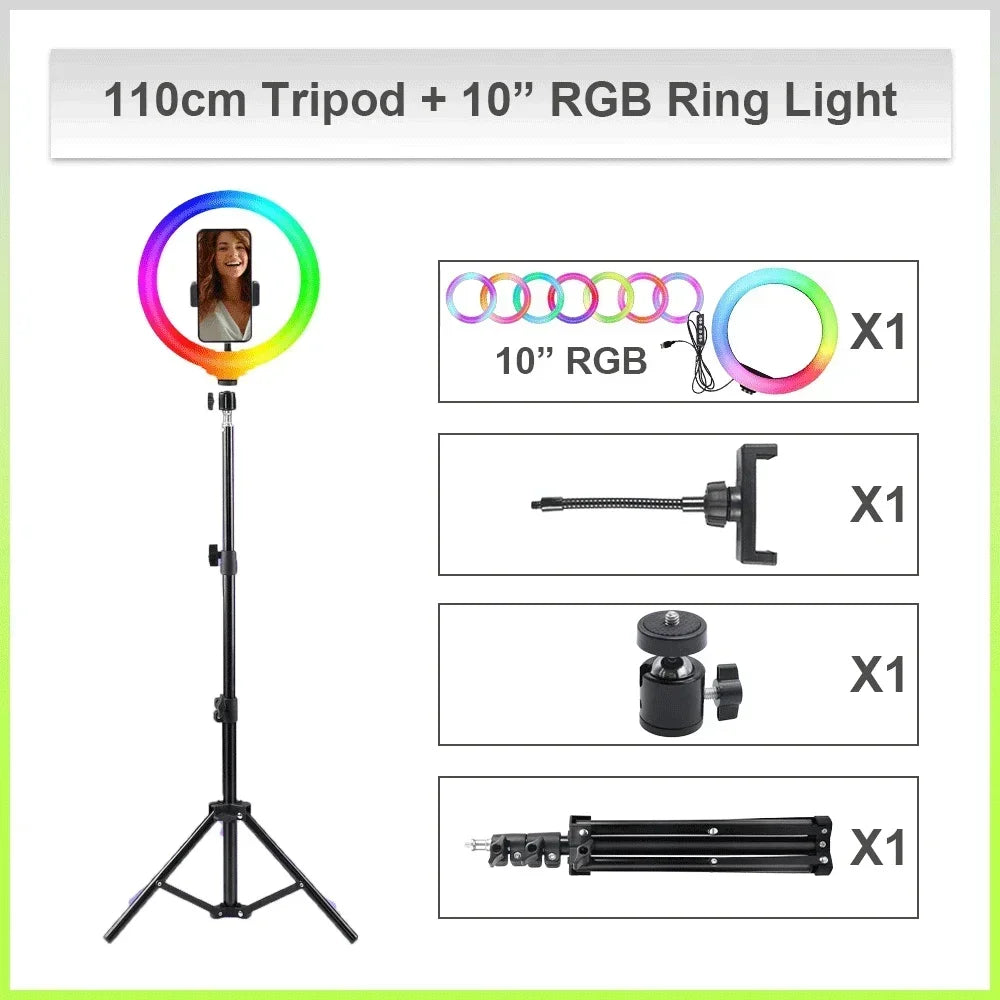 110cm Tripod 10"LED Selfie Ring Light RGB Photography Video Light Phone Stand