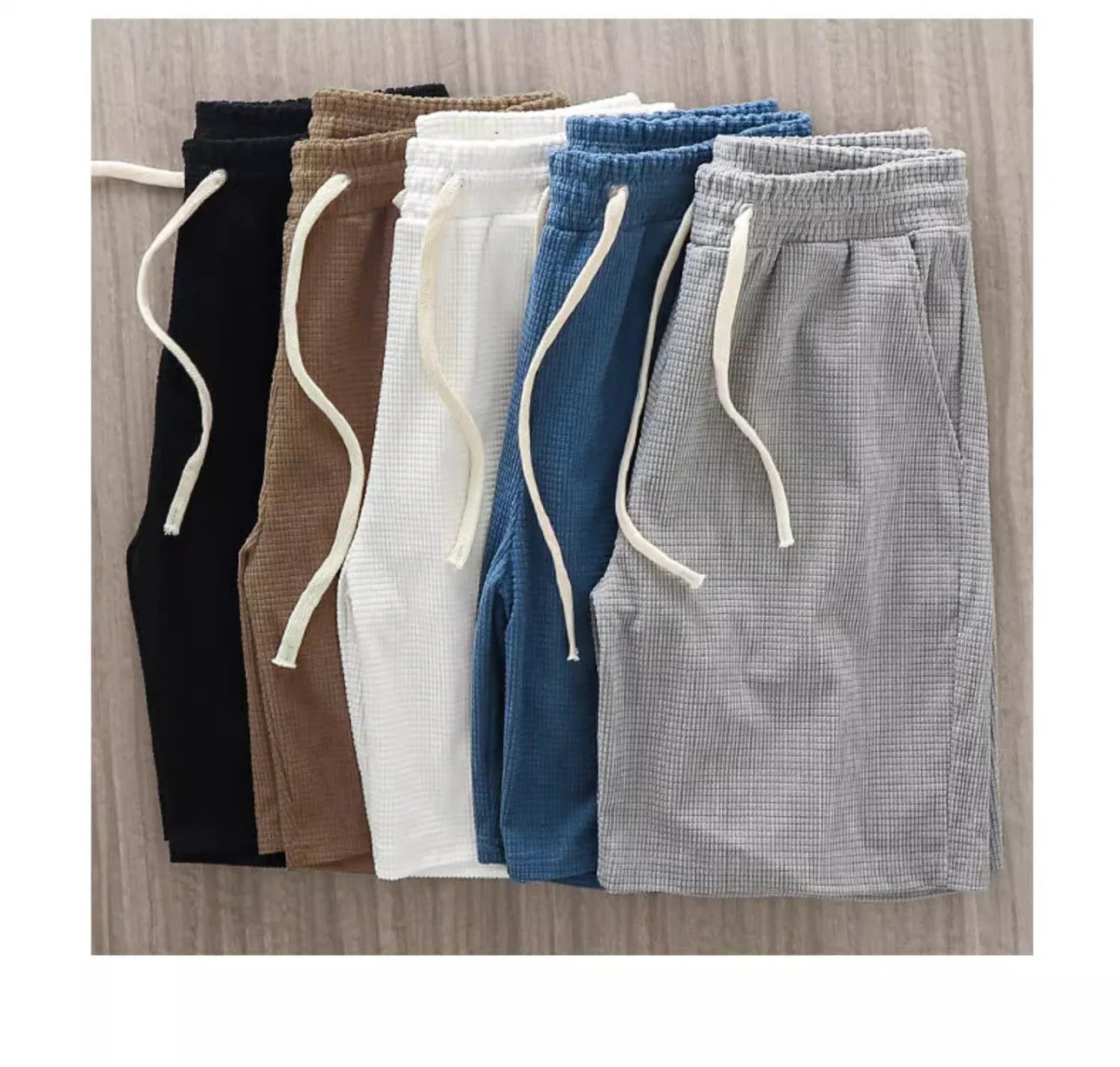 Men Shorts Solid Color Mid Waist Summer Motion Waffle Texture Deep Crotch Drawstring Male Shorts Loose Knee Length Casual Short
