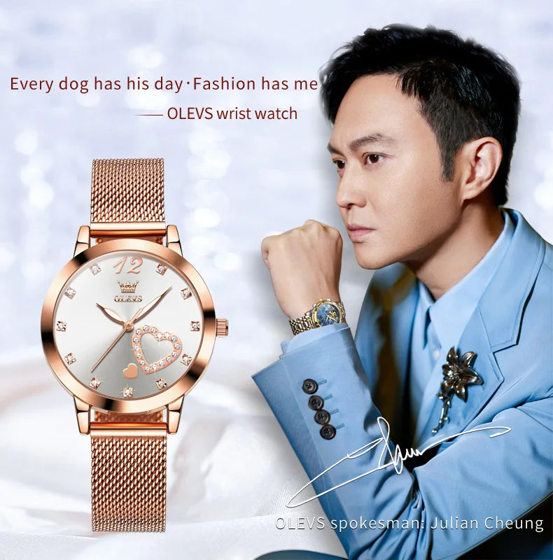 OLEVS 5189 Women's Watch Quartz Wristwatch Casual Fashion Watch for Ladies Waterproof Luminous Mesh Belt Love Dial Zircon Scale