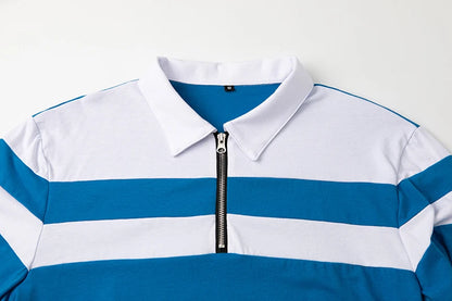 Men's Long Sleeve Striped Polo Shirts 1/4 Zip Cotton Patchwork Collared Shirt Casual Fashion Pullover Slim Fit Golf Shirt